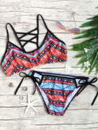 Romwe Multicolor Printed Criss Cross Back Bikini Set