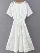 Romwe Lace Insert Pleated White Dress