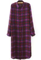 Romwe Lapel With Buttons Plaid Long Purple Blouse