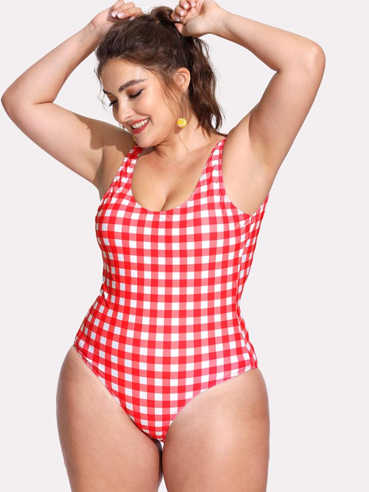 Romwe Open Back Grid Swimsuit