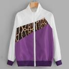 Romwe Leopard Panel Cut And Sew Zip-up Jacket