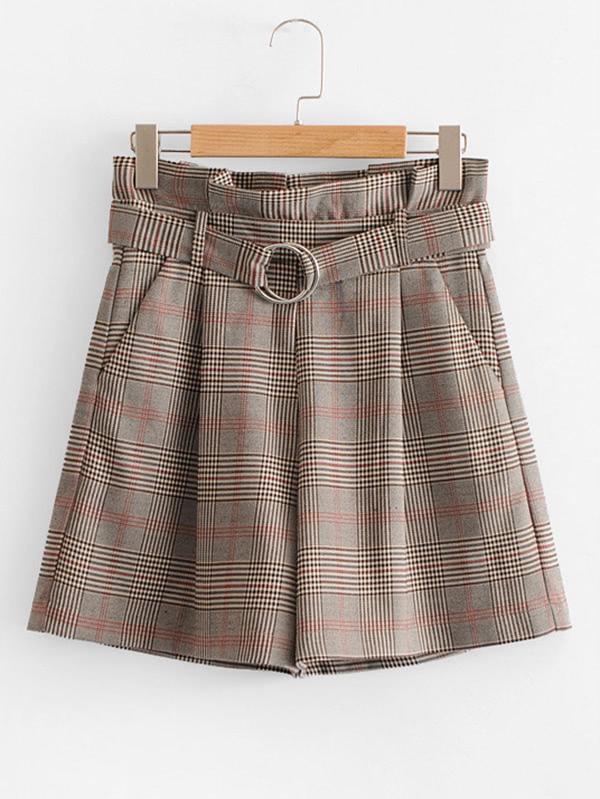 Romwe Glen Plaid Belted Shorts