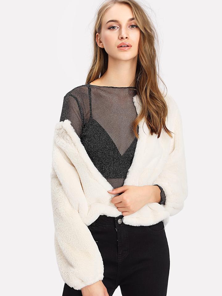Romwe Raglan Sleeve Faux Fur Coat
