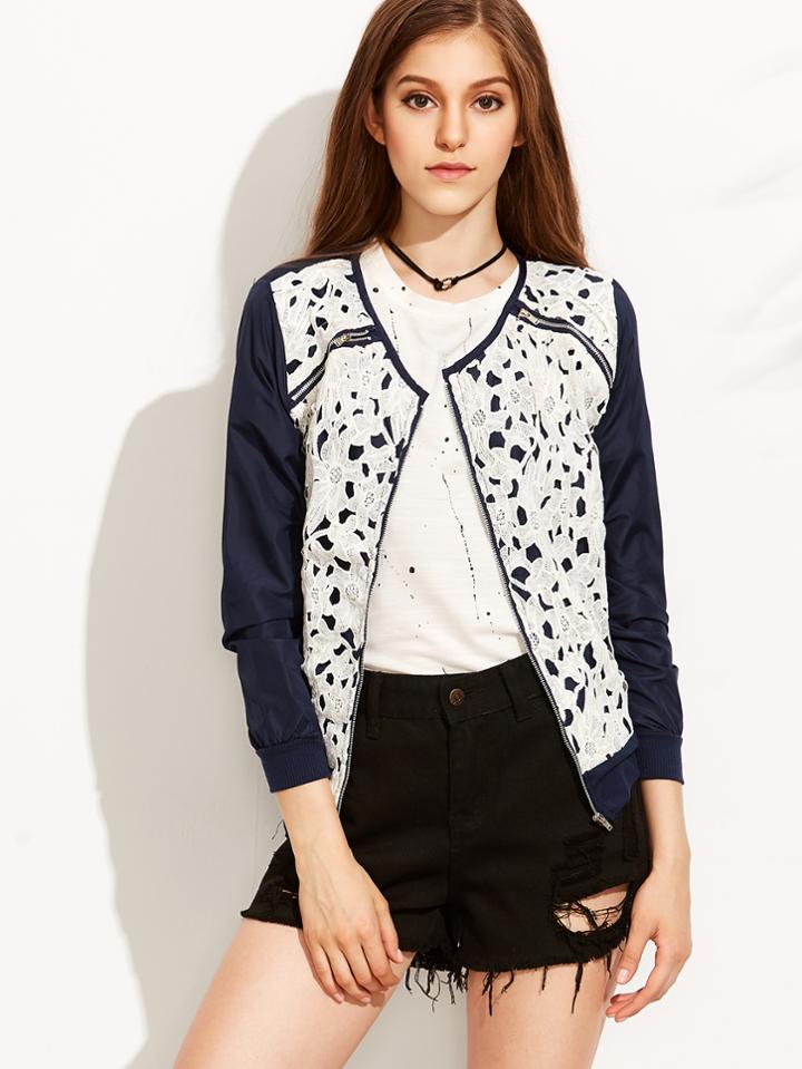 Romwe Blue Embroidered Lace Jacket