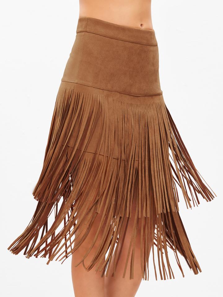 Romwe Khaki Zipper Suede Fringe Skirt