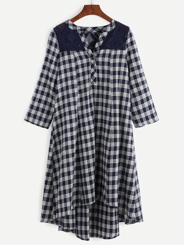 Romwe Blue Plaid Lace Insert High Low Shirt Dress