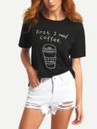 Romwe Coffee Cup Print High Low Black T-shirt