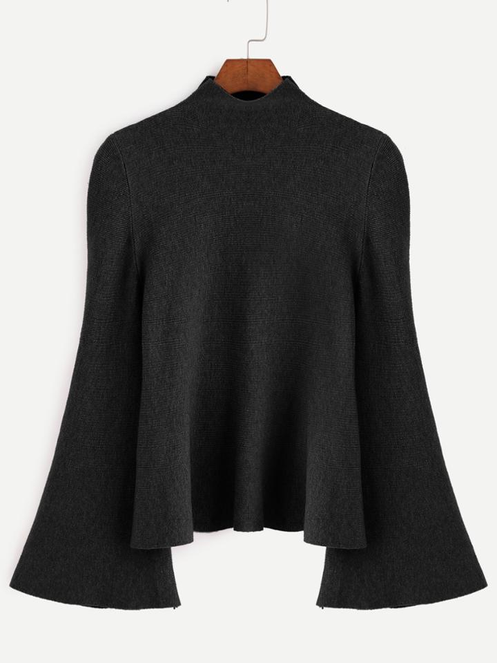 Romwe Black Mock Neck Bell Sleeve Jersey Sweater