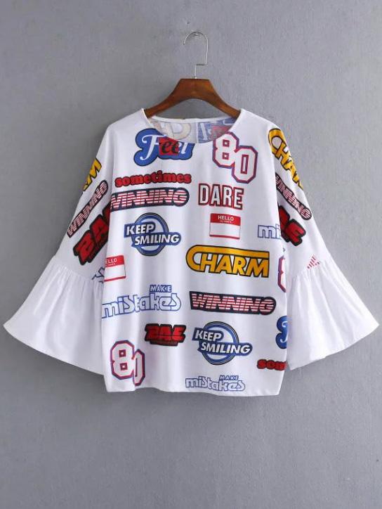 Romwe White Letter Print Bell Sleeve Blouse