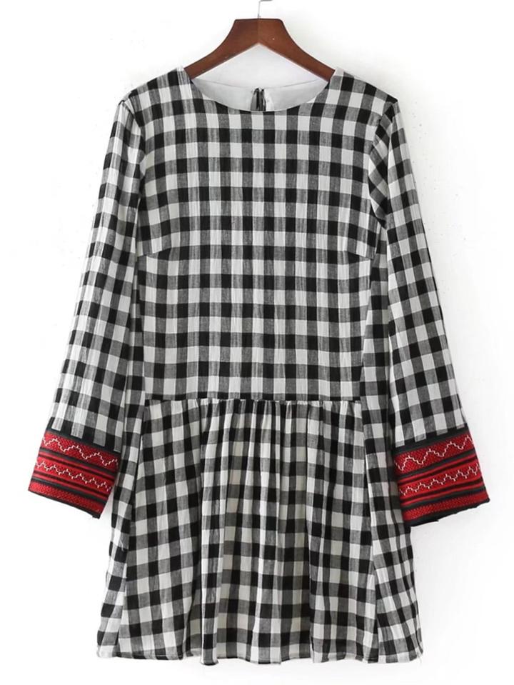 Romwe Embroidered Cuff Tassel Tie Back Gingham Dress