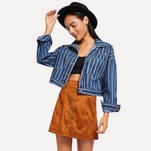 Romwe Drop Shoulder Striped Crop Denim Jacket