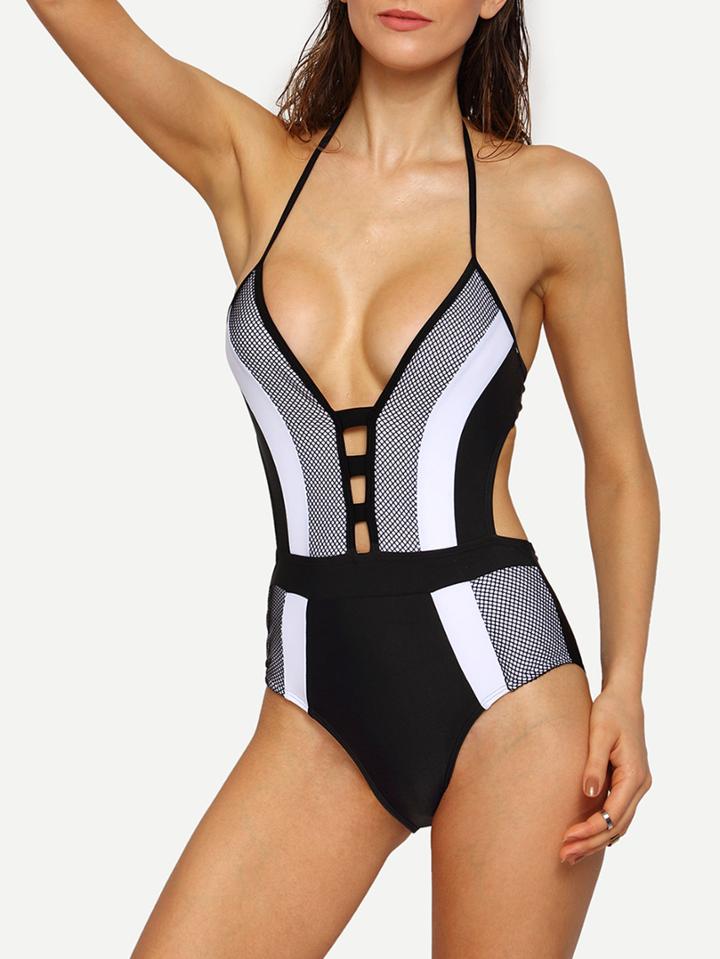 Romwe Color Panel Ladder-cutout Plunge Neck Swimwear