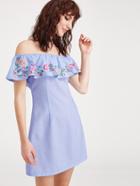 Romwe Blue Off The Shoulder Embroidered Ruffle Dress