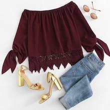 Romwe Guipure Lace Hem Knot Cuff Bardot Top