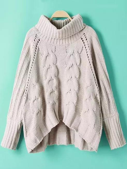 Romwe Cable Knit Turtleneck Raglan Sleeve Asymmetrical Sweater