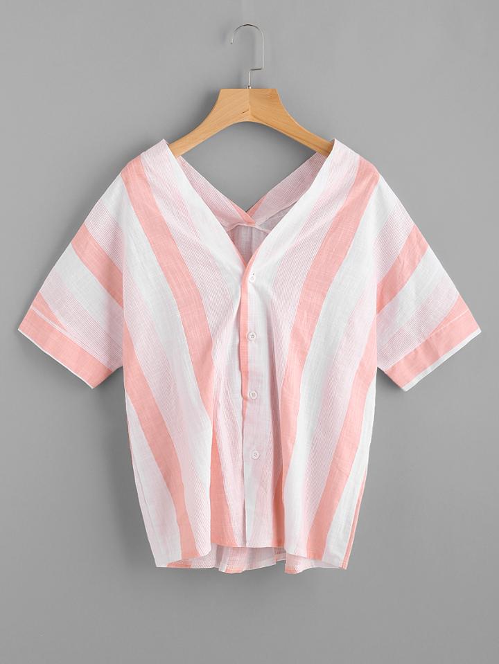 Romwe V Neckline Wide Stripe Dip Hem Blouse