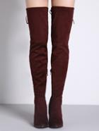 Romwe Burgundy Lace Up Over The Knee High Heeled Boots