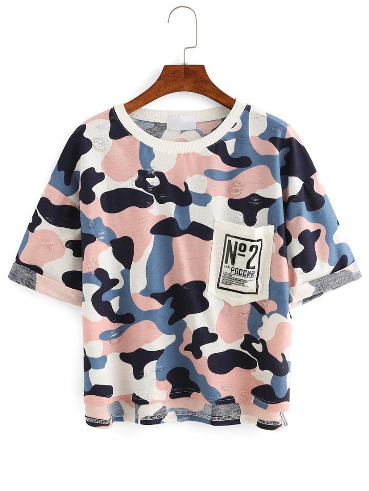 Romwe Camouflage High-low Pocket T-shirt - Pink