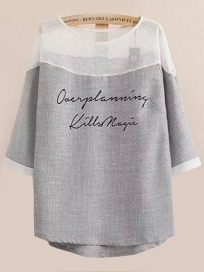 Romwe Contrast Mesh Dip Hem Letter Print Top