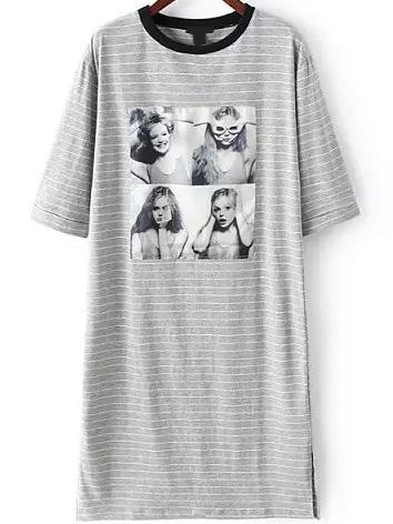 Romwe Beauty Patch Striped Side Slit Grey T-shirt