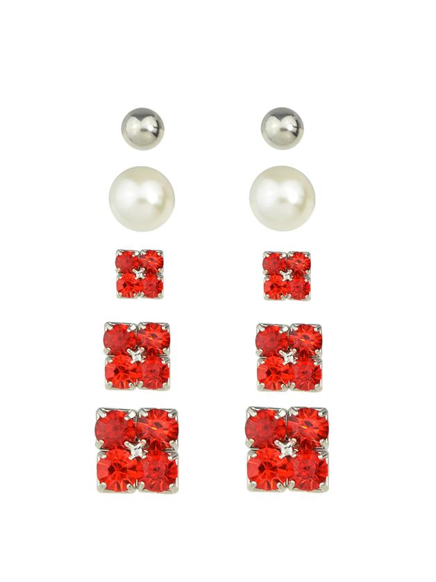 Romwe Elegant Imitation Pearl Red  Crystal Small Stud Earrings Set