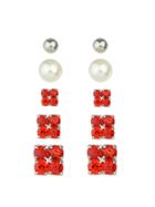 Romwe Elegant Imitation Pearl Red  Crystal Small Stud Earrings Set