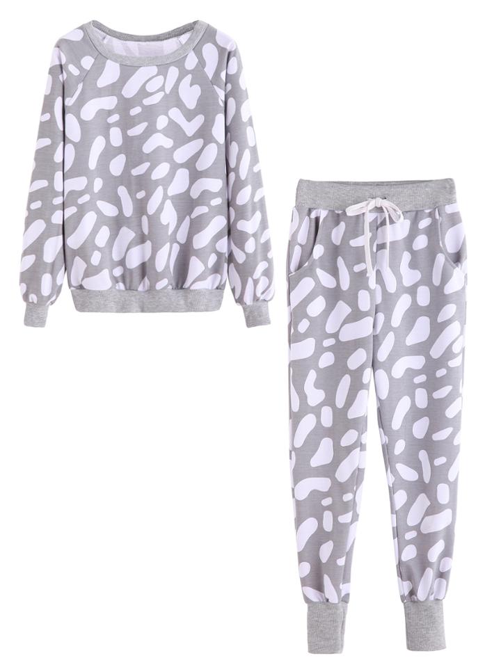 Romwe Light Grey Printed Sweatshirt With Tie Waist Pants