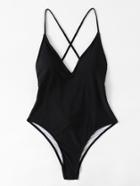 Romwe Cross Back Ruched Detail Plunge Swimsuit