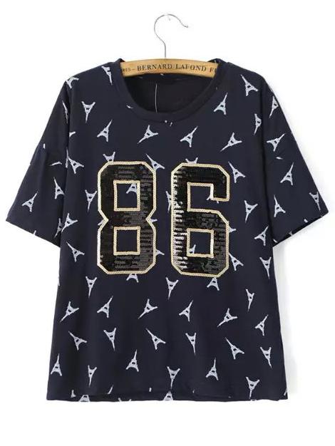 Romwe Tower Print Navy T-shirt