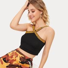 Romwe Letter Tape Criss Cross Cami Top