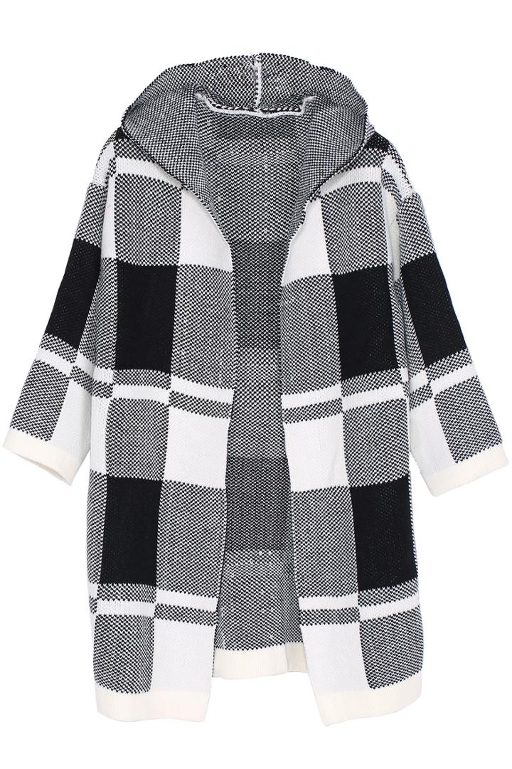 Romwe Block Plaid Hood Knitting Coat