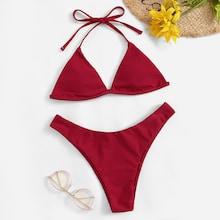 Romwe Triangle Halter Top With High Cut Bikini