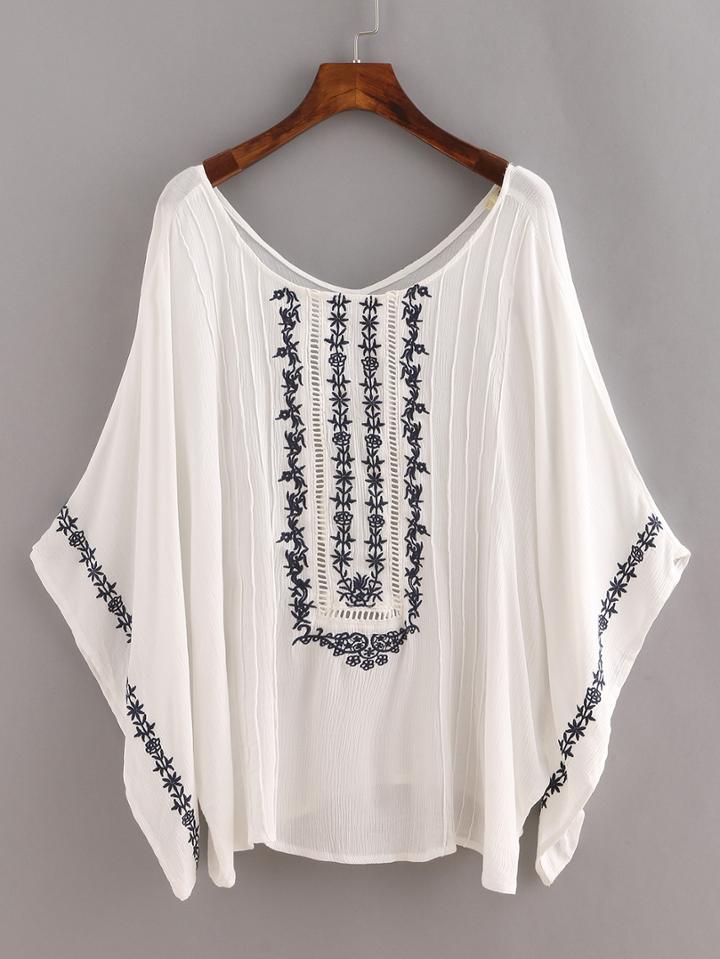Romwe Embroidered Poncho Blouse - White