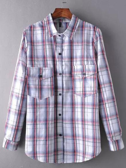 Romwe Lapel Plaid Blue Blouse With Pockets