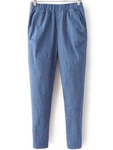 Romwe Elastic Waist Casual Blue Pant