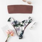 Romwe Tropical Pattern Bandeau Top With Match Bikini Set