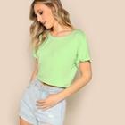 Romwe Neon Green Rolled Up Sleeve Solid Crop T-shirt