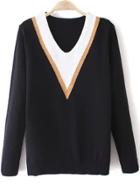 Romwe V Neck Chevron Print Black Sweater