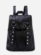 Romwe Black Faux Leather Drawstring Flap Studded Backpack