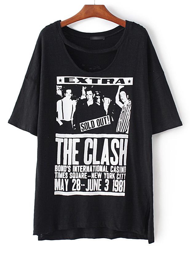 Romwe Black Letters Printed Dipped Hem Split Side T-shirt