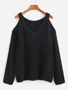 Romwe Black V Neck Open Shoulder Sweater