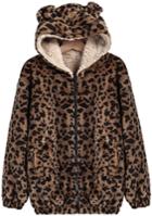 Romwe Leopard Hooded Faux Fur Coat