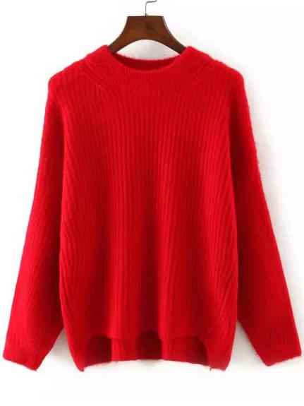 Romwe Dip Hem Ribbed Red Jumper
