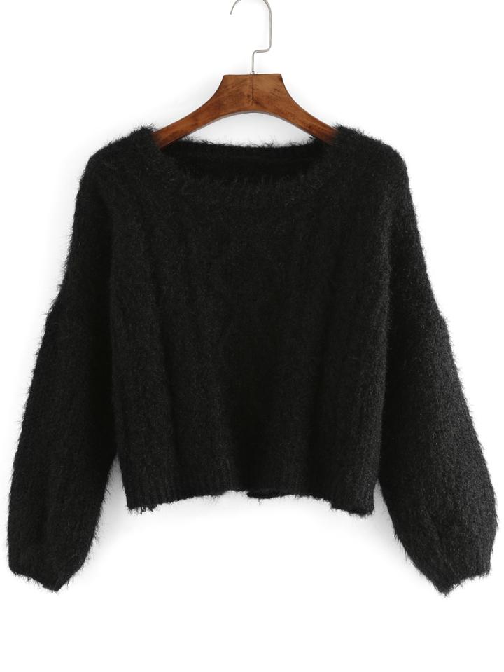 Romwe Slit Fuzzy Crop Black Sweater