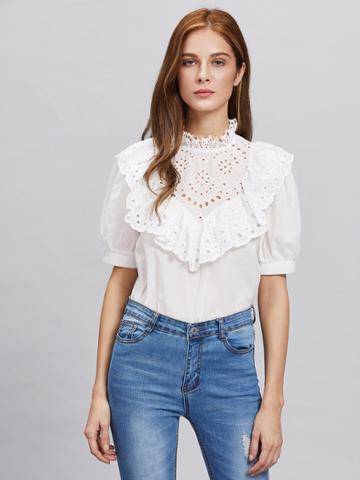 Romwe Eyelet Embroidered Frill Trim Puff Sleeve Blouse
