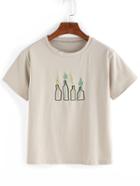 Romwe Grey Plant Embroidered T-shirt