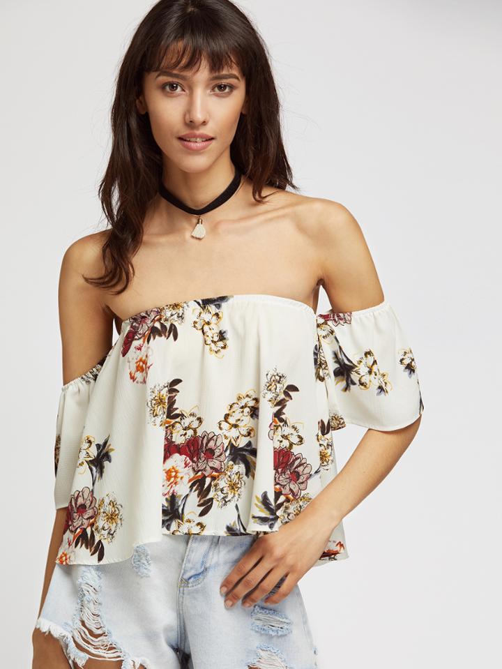 Romwe Floral Print Off The Shoulder Crop Top