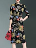 Romwe Black Butterfly Print Belted Sheath Dress