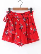 Romwe Tie Waist Floral Shorts