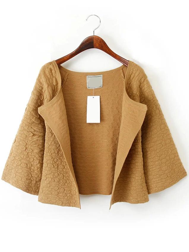 Romwe Open Front 3/4 Sleeve Jacquard Crop Khaki Coat